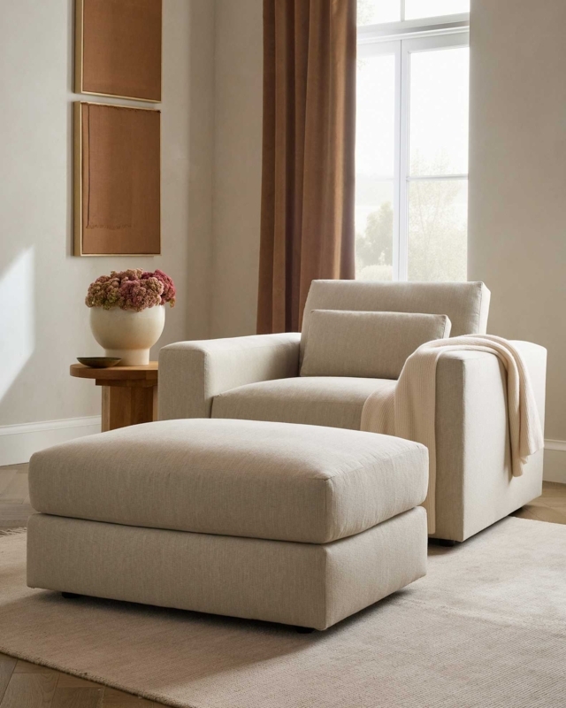 Ottoman Deep Seat Cream Chenille Block Minimalist Style
