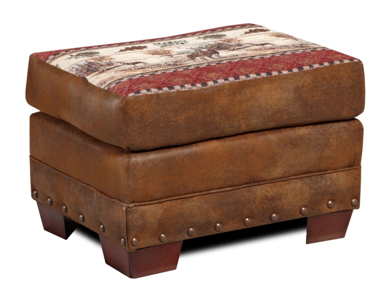 Ottoman Deer Tapestry Geometric Sides Nailhead Trim