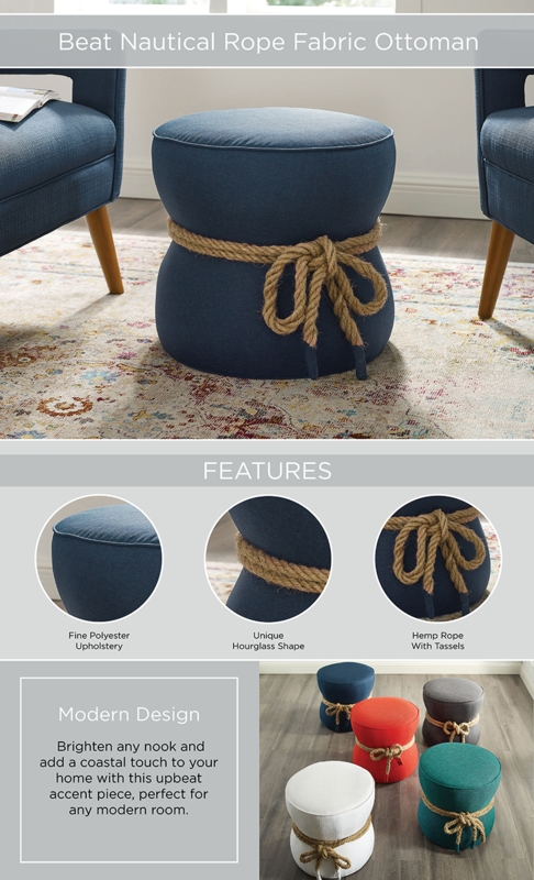 Ottoman Drum Shape Navy Blue Natural Rope Base Fabric Stool