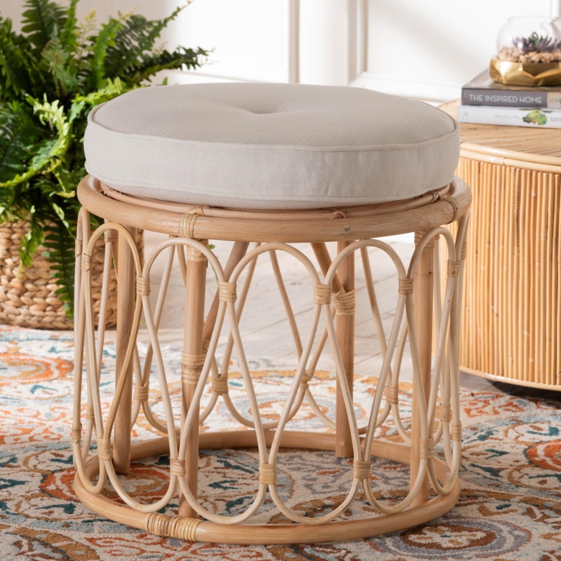 Ottoman Drum Silhouette Open Weave Rattan Natural Tan Coastal