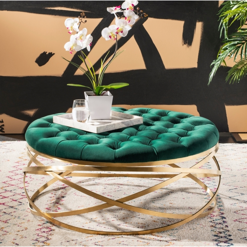 Ottoman Emerald Velvet Diamond Tufted Gold Base