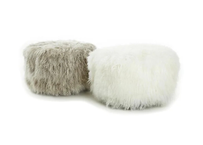 Ottoman Faux Fur Round Stool with Dark Tapered Wood Legs