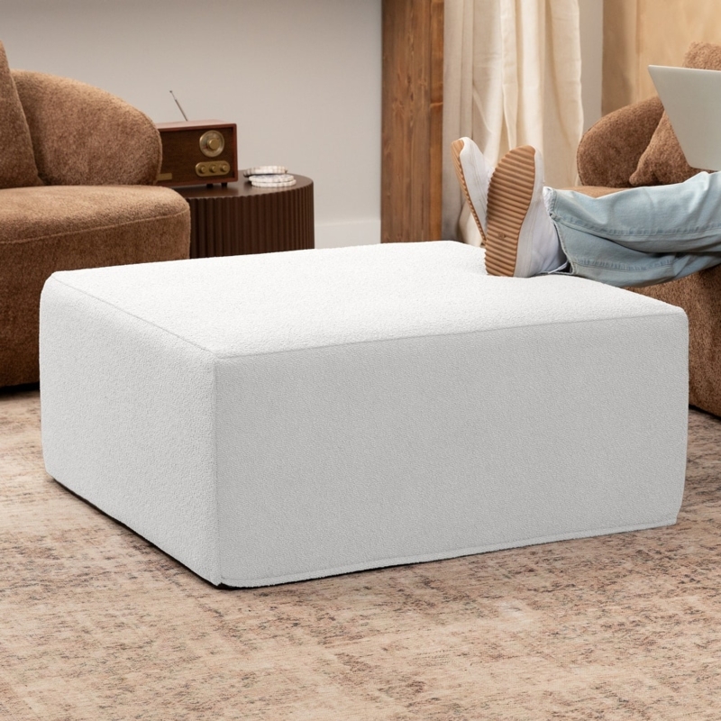 Ottoman, Flanged Edges Oversized Square Shape, Cream Fabric, Low Profile