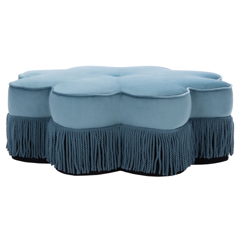 Ottoman Flower Shape Bullion Fringe Velvet Dark Grey Glam Accent