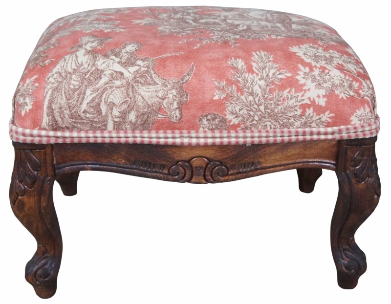 Ottoman Footrest Blue Cream Toile Pattern Carved Cabriole Legs