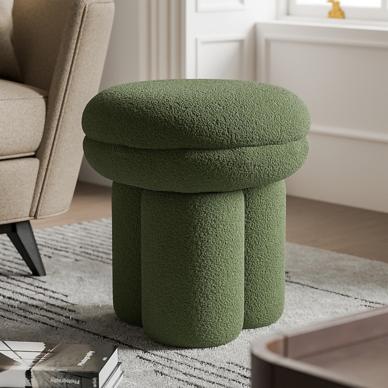 Ottoman Forest Green Boucle Mushroom Silhouette, Earthy Accent Piece