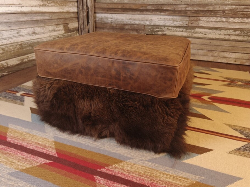 Ottoman Heavy Pebbled Grain Deep Tufting Wood Base