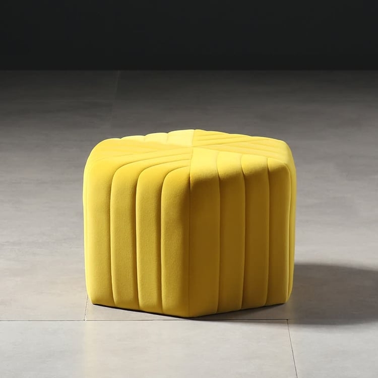Ottoman Hexagonal Yellow Velvet Button Tufted Gold Base