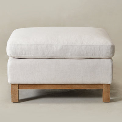Ottoman in Oatmeal Linen Texture with Chunky Turned Legs, Large Square