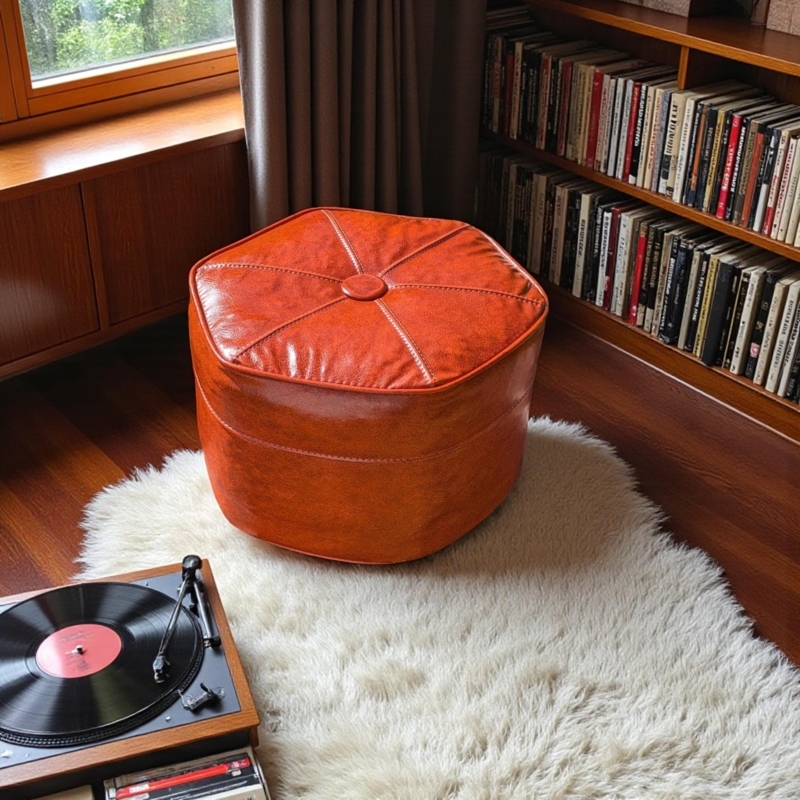 Ottoman in Orange Vinyl with Single Button Tuft and Tapered Wooden Legs