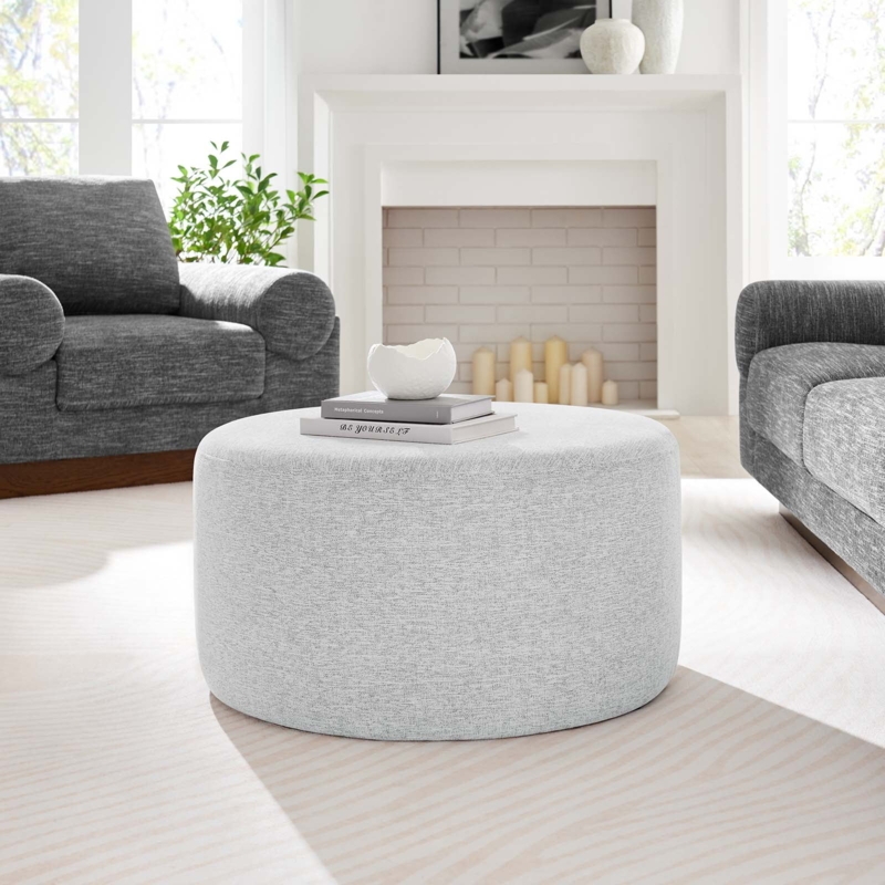 Ottoman Large Round Drum Base Heathered Weave Contemporary Footstool