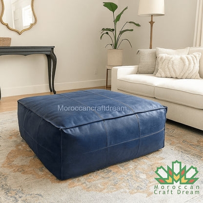 Ottoman Large Square Navy Leather-Like with Diamond Quilting