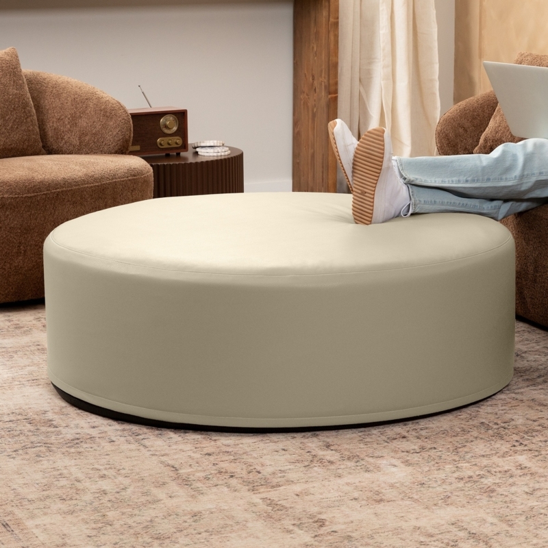 Ottoman Leather Like Oversized Design Round Cream Modern Drum