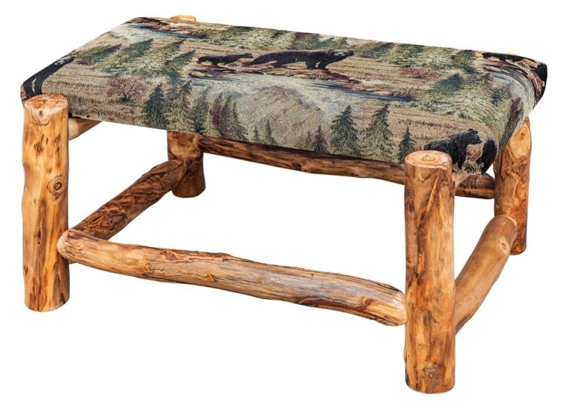 Ottoman Log Wood Base Bear Pattern Fabric Cabin