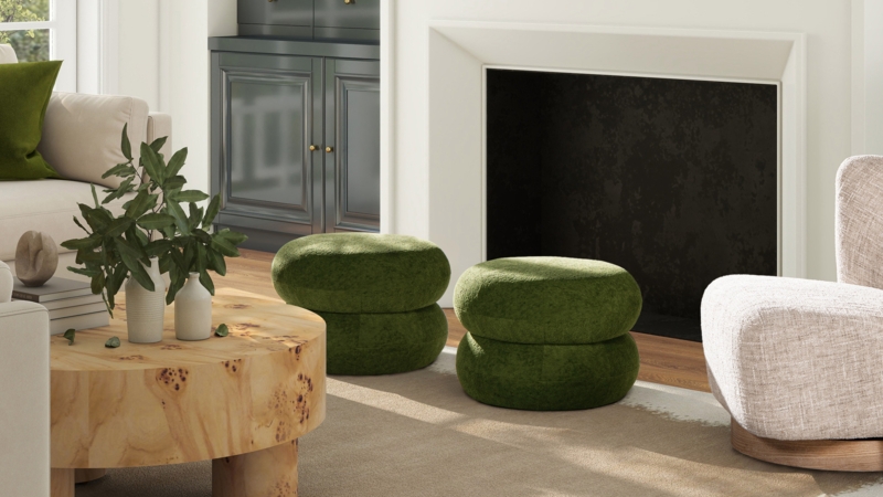Ottoman Low Profile Round Moss Green Vertical Pleating, Button Tufted