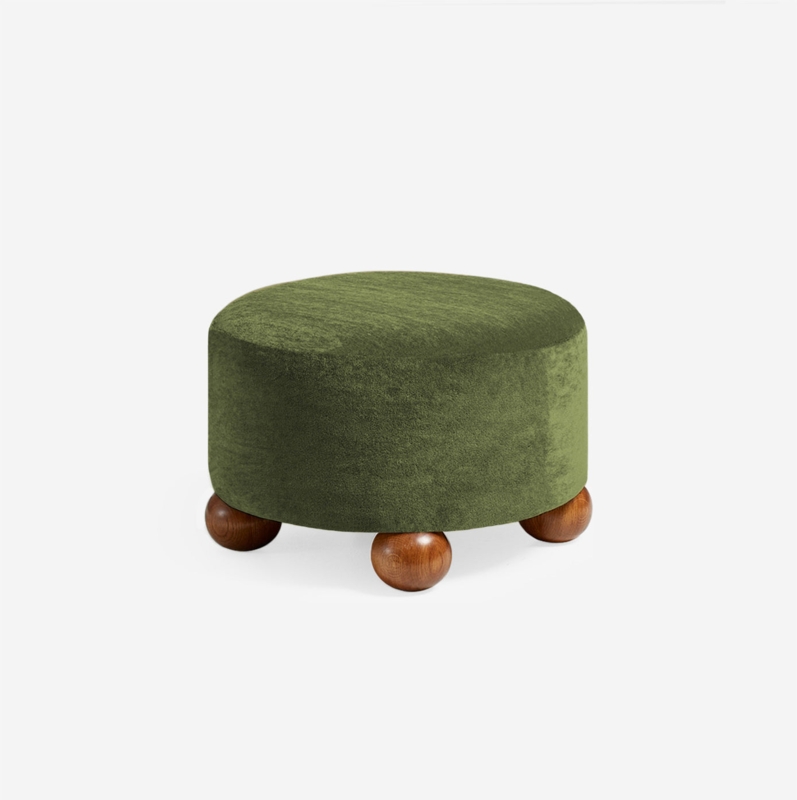 Ottoman Moss Green Boucle Texture Wood Plinth Base Modern Minimalist