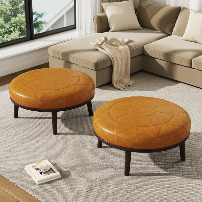 Ottoman Navy Blue Leather Perimeter Stitching Tapered Legs Mid-Century