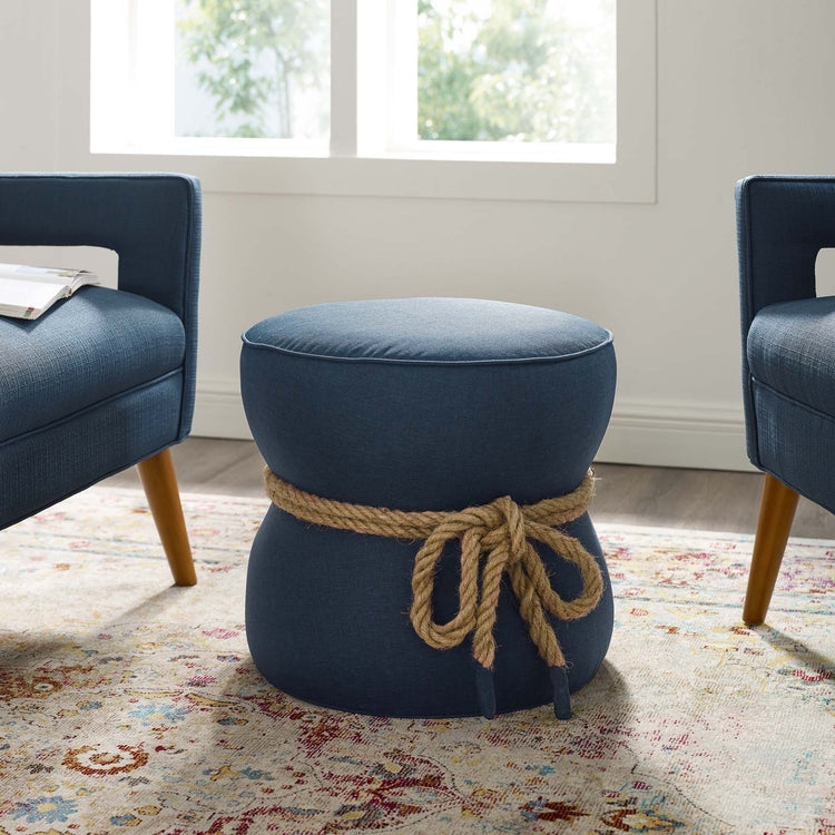 Ottoman Navy Blue Upholstered Rope Handle Coastal Style Footstool