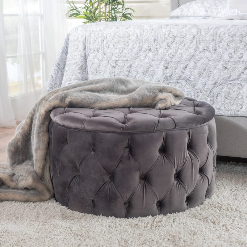 Ottoman Navy Blue Velvet Diamond Tufted Round Footstool