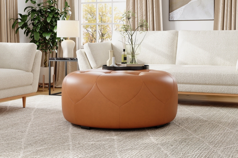 Ottoman Oversized Round Dark Brown Deep Button Tufting Modern Luxury