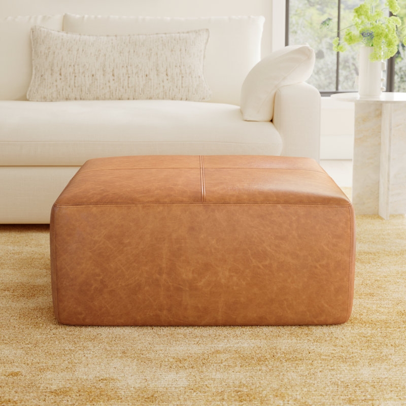 Ottoman Oversized Square Tan Leather-Like Piped Seams Minimalist Decor
