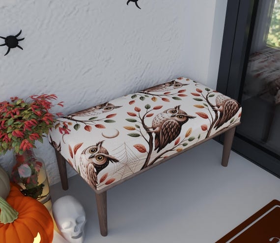 Ottoman Owl Pattern Tapered Legs Navy Blue Mid Century Modern