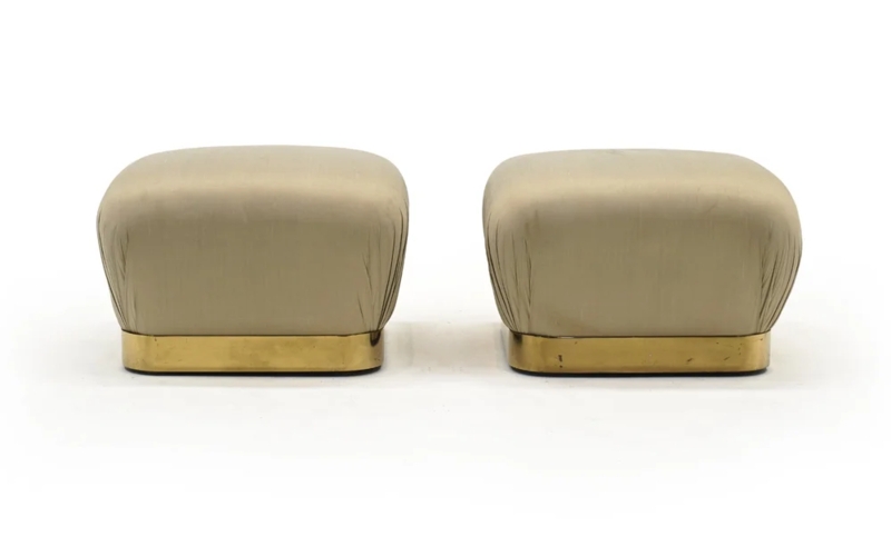 Ottoman Pair with Tan Fabric and Recessed Brass Base, Floating Silhouette