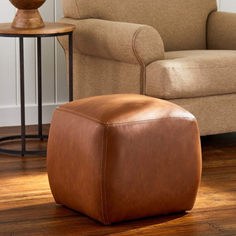 Ottoman Piped Edges Round Silhouette Cognac Minimalist Faux Leather Pouf