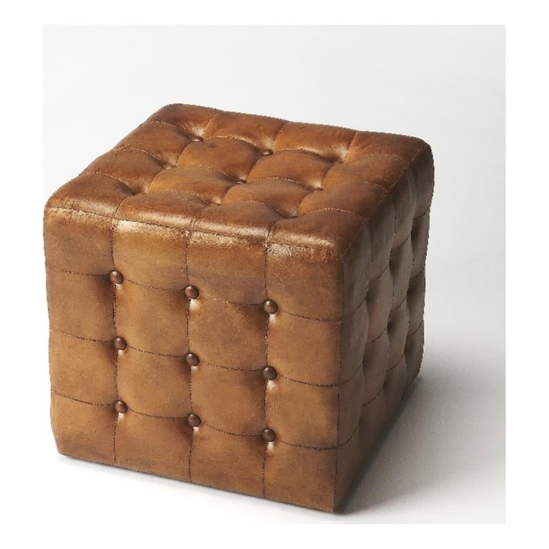 Ottoman Pouf Brown Pebbled Grain Radiating Stitching Detail