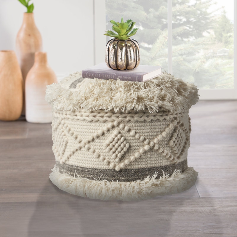 Ottoman Pouf Cream Popcorn Weave Textured Round Scandinavian Style
