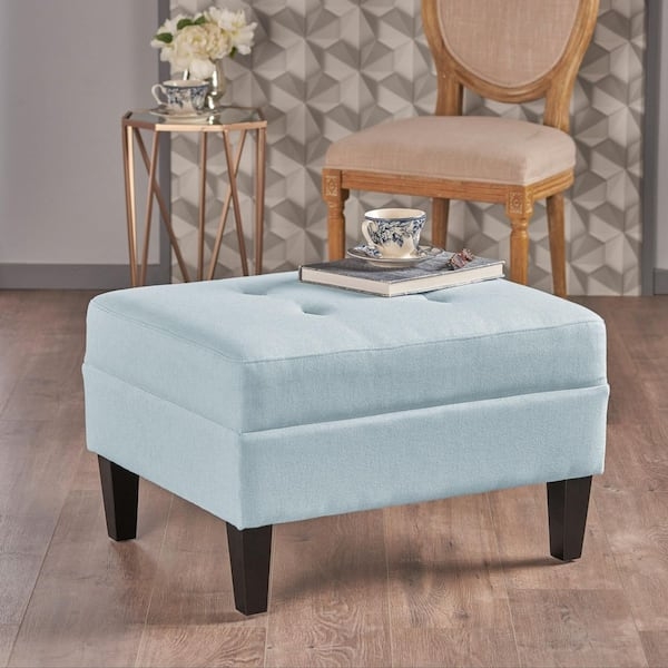 Ottoman Rectangular Button Tufted Tapered Legs Light Blue