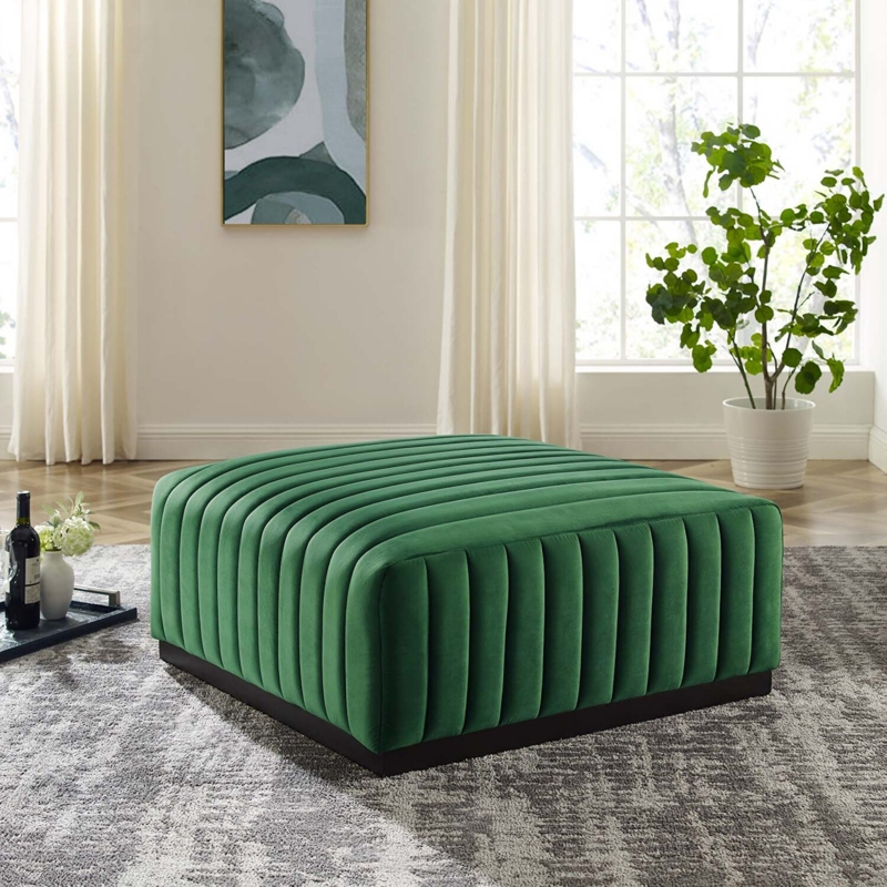 Ottoman Rectangular Channel Tufted Velvet Black Open Metal Base Sleek