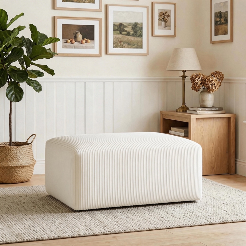 Ottoman Rectangular Corduroy Oversized Ribbed Texture Cream Decor