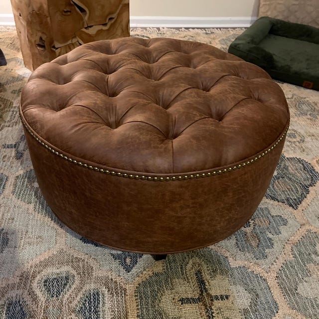 Ottoman Rectangular Diamond Tufted Cognac Distressed Tapered Legs