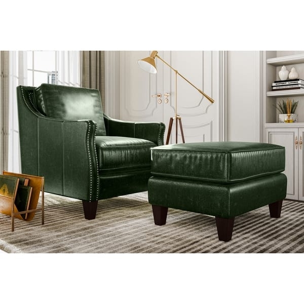 Ottoman Rectangular Distressed Green Leather Tapered Block Legs