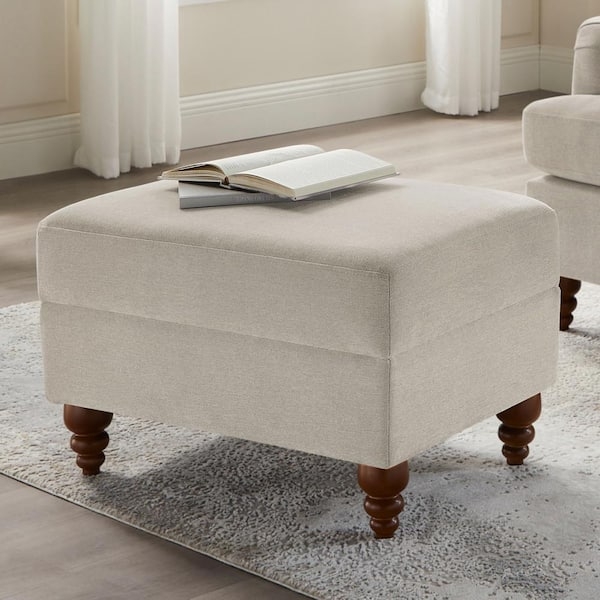 Ottoman Rectangular Sea Oat Fabric with Dark Tapered Wood Legs