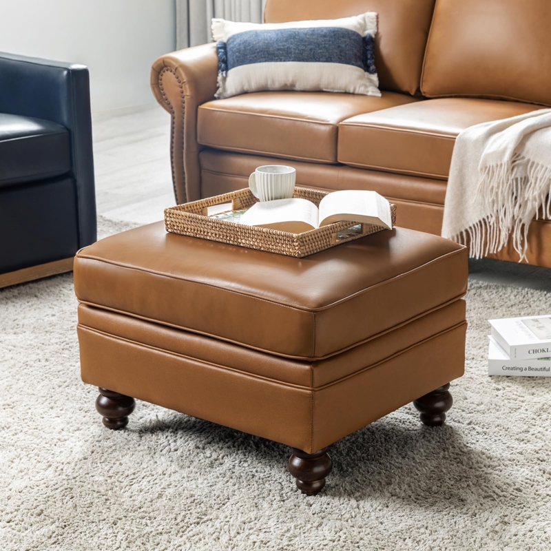 Ottoman Rectangular Silhouette Camel Leather-Like Tufted Coffee Table