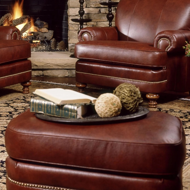 Ottoman Rectangular Taupe Woven Fabric Double Row Nailhead Trim Block Feet