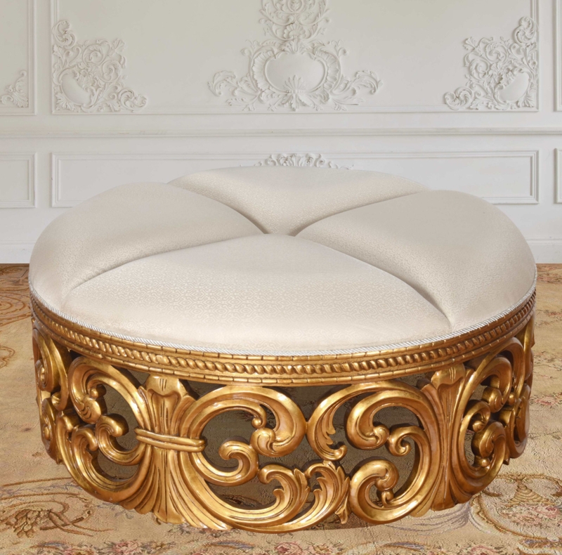 Ottoman Rococo Carvings Gold Leaf Cream Tufted