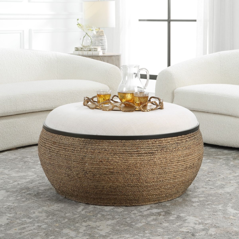 Ottoman Rope Handle Geometric Upholstery Navy Blue Coastal Stool