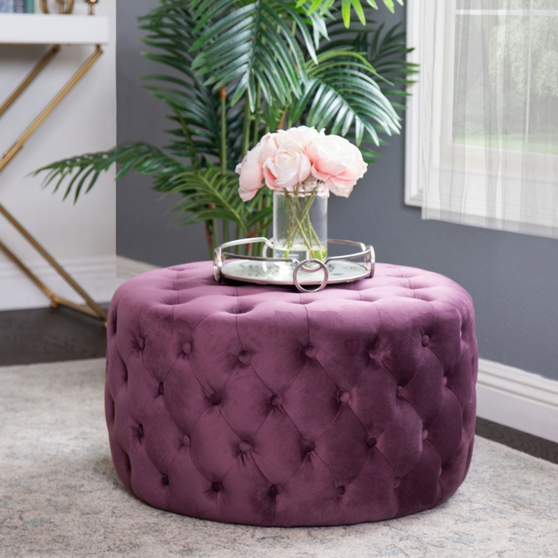 Ottoman Round All Over Button Tufting Purple Velvet Gold Base
