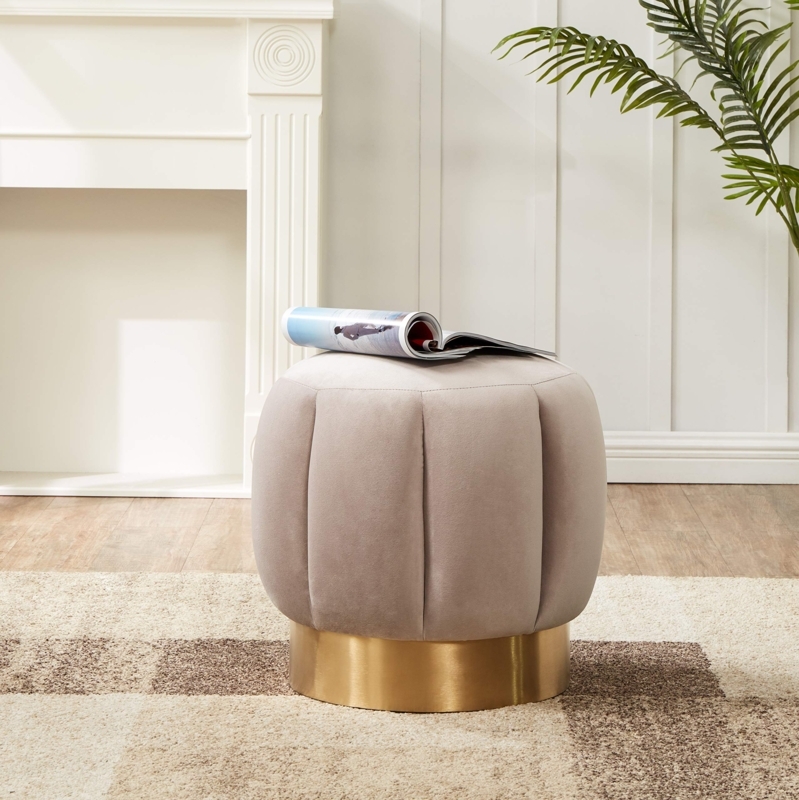 Ottoman, Round Channel Tufted, Velvet with Gold Base, Glam Style