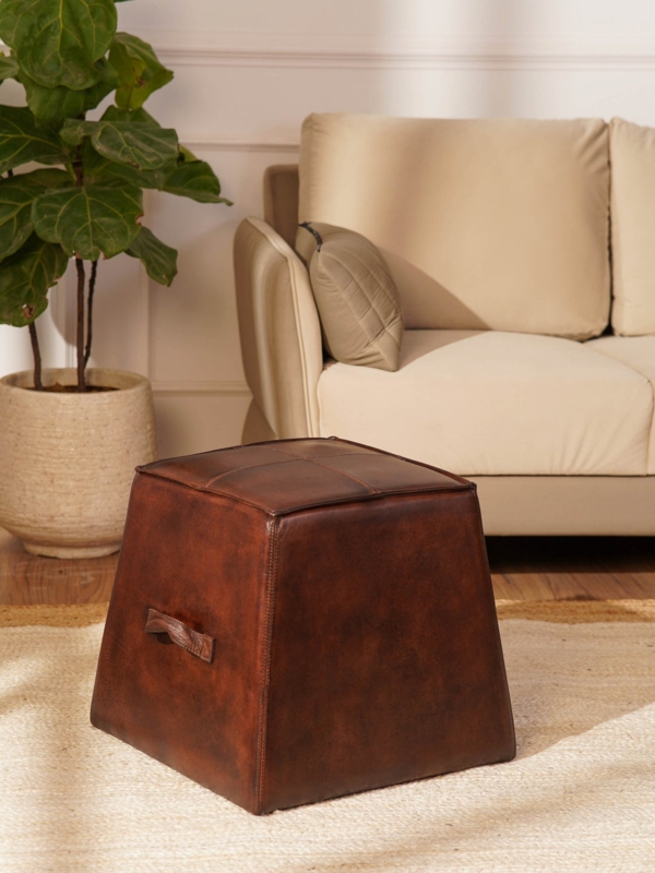 Ottoman Round Dark Brown Pebbled Texture Exposed Wood Base Industrial