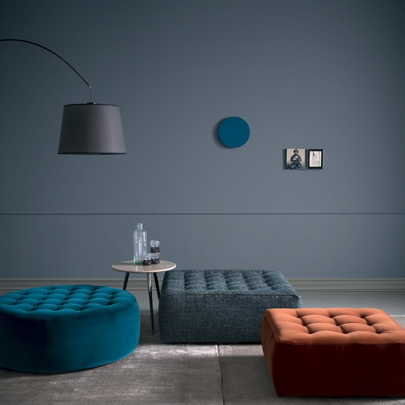 Ottoman Round Deep Blue Velvet with All-Over Button Tufting