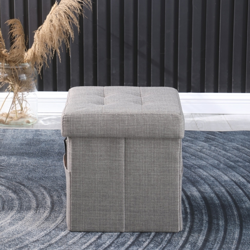 Ottoman Round Light Grey Wooden Base Linen Like Fabric
