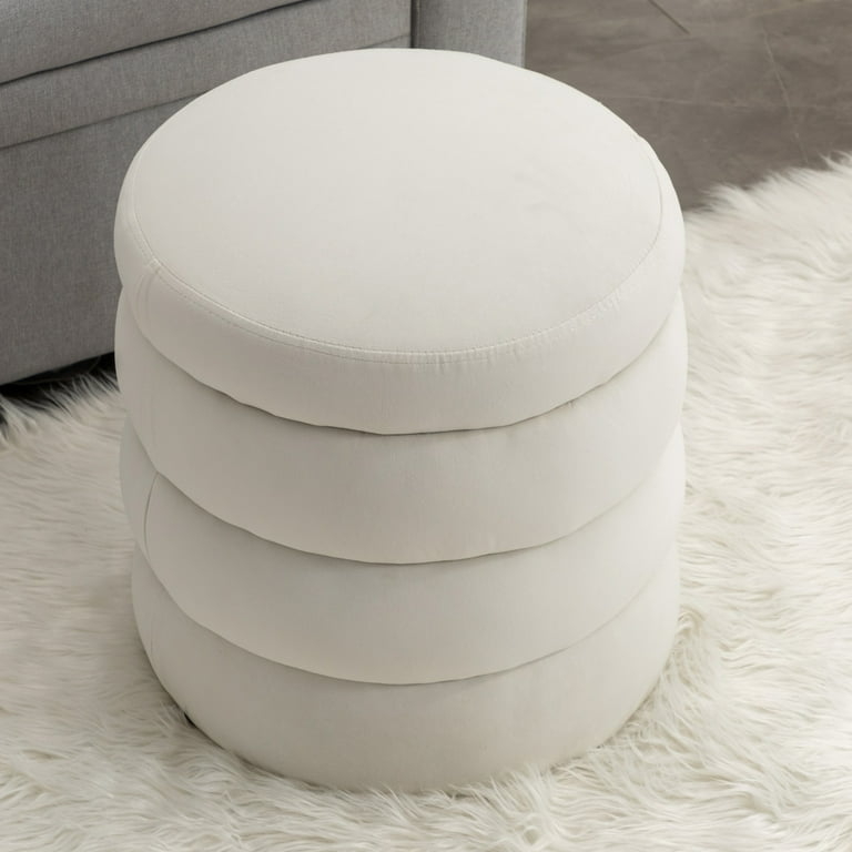 Ottoman Round Off White Velvet Gathered Sides Ruched Texture Accent