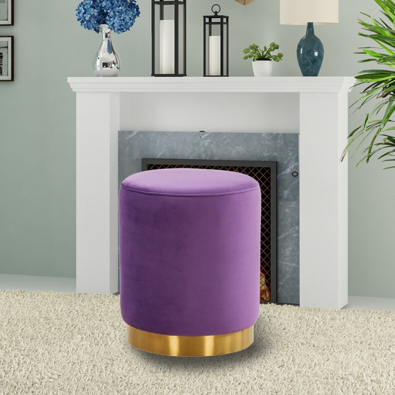 Ottoman Round Pink Velvet Seat with Purple Geometric Metal Base