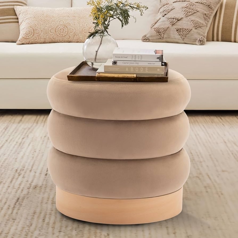 Ottoman Round Velvet All-Over Tufting Circular Wood Plinth Base Seating