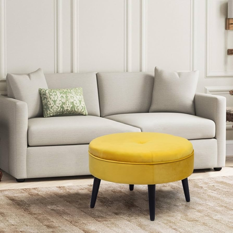 Ottoman Round Vibrant Yellow Velvet Splayed Wood Legs