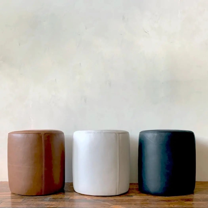 Ottoman Round Whiskey Brown Vertical Panel Stitching Minimalist Pouf